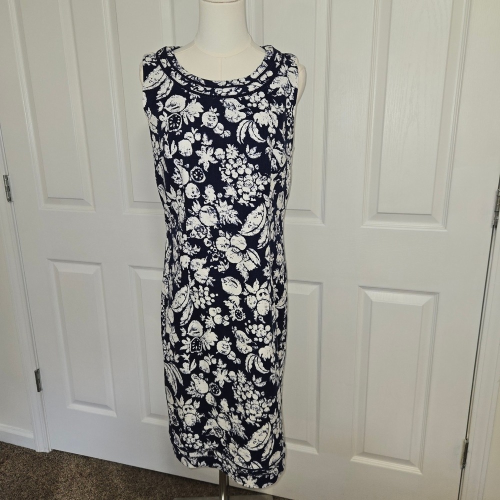 Talbots Sheath Dress Women 8 Navy Blue White Floral Pique Sleeveless Ladder Trim
